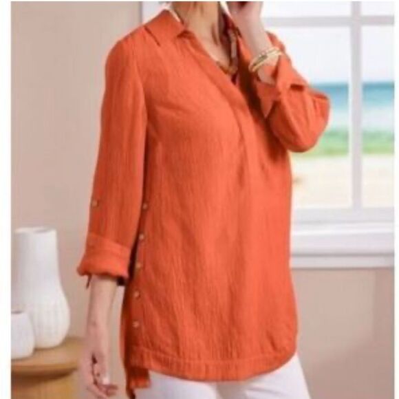 Soft Surroundings Gauze Artisan Roll Tab Sleeve Orange Boho Button Detail Blouse - Picture 16 of 16